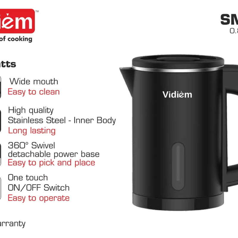 Vidiem Electronic Kettle - 0.8 Litre - 600 Watts - Stainless Steel