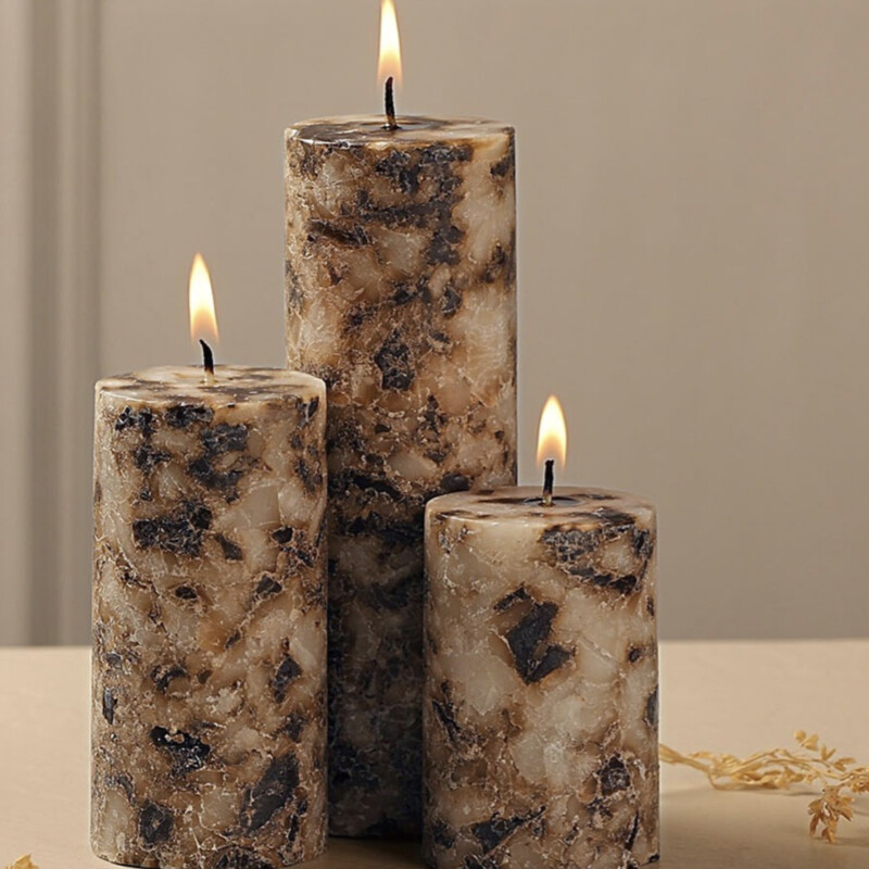 Elegant 3-Piece Brown Marble Finish Paraffin Wax Candle Set – Contemporary Home Decor Accessory