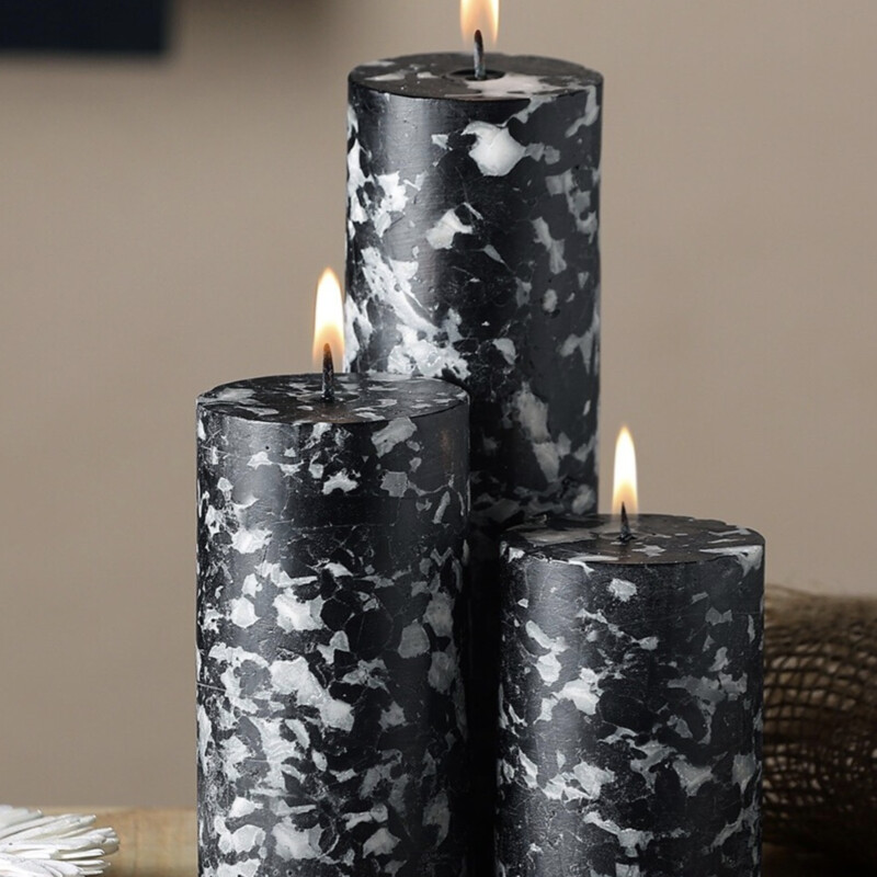3-Piece Black & White Marble Finish Flora Candle Set – Elegant Paraffin Wax Candles For Stylish Decor